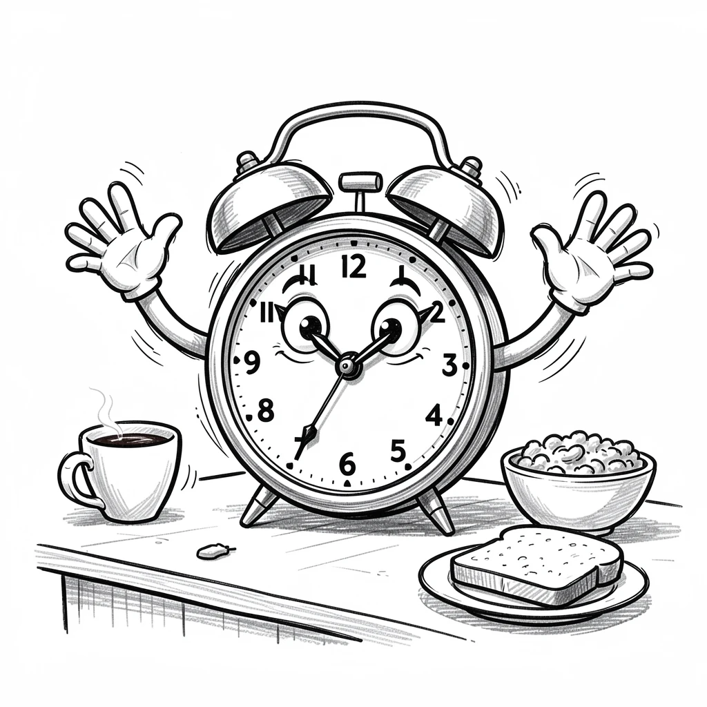 A clock with hands that look like waving arms on a kitchen counter at breakfast time.