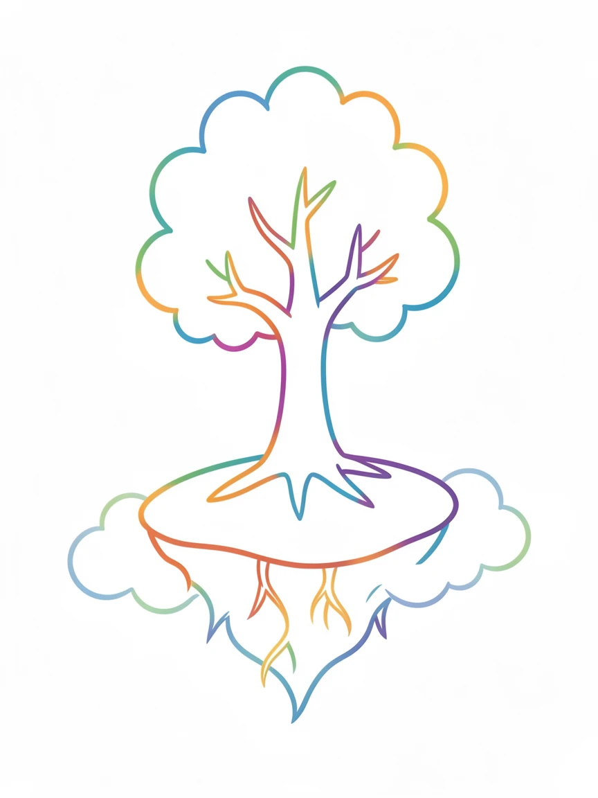 A single tree growing atop a small floating island, roots reaching into the clouds.