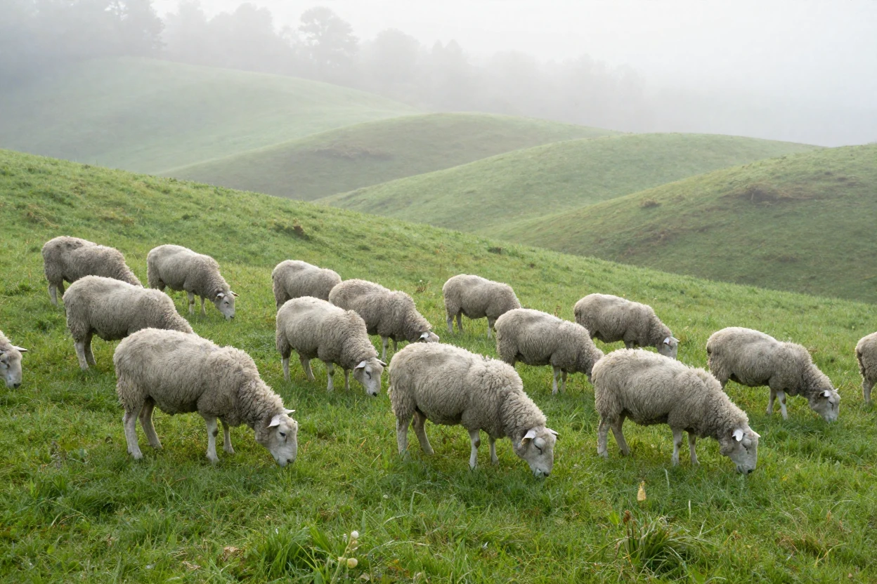 A flock of sheep grazing on a misty green hillside