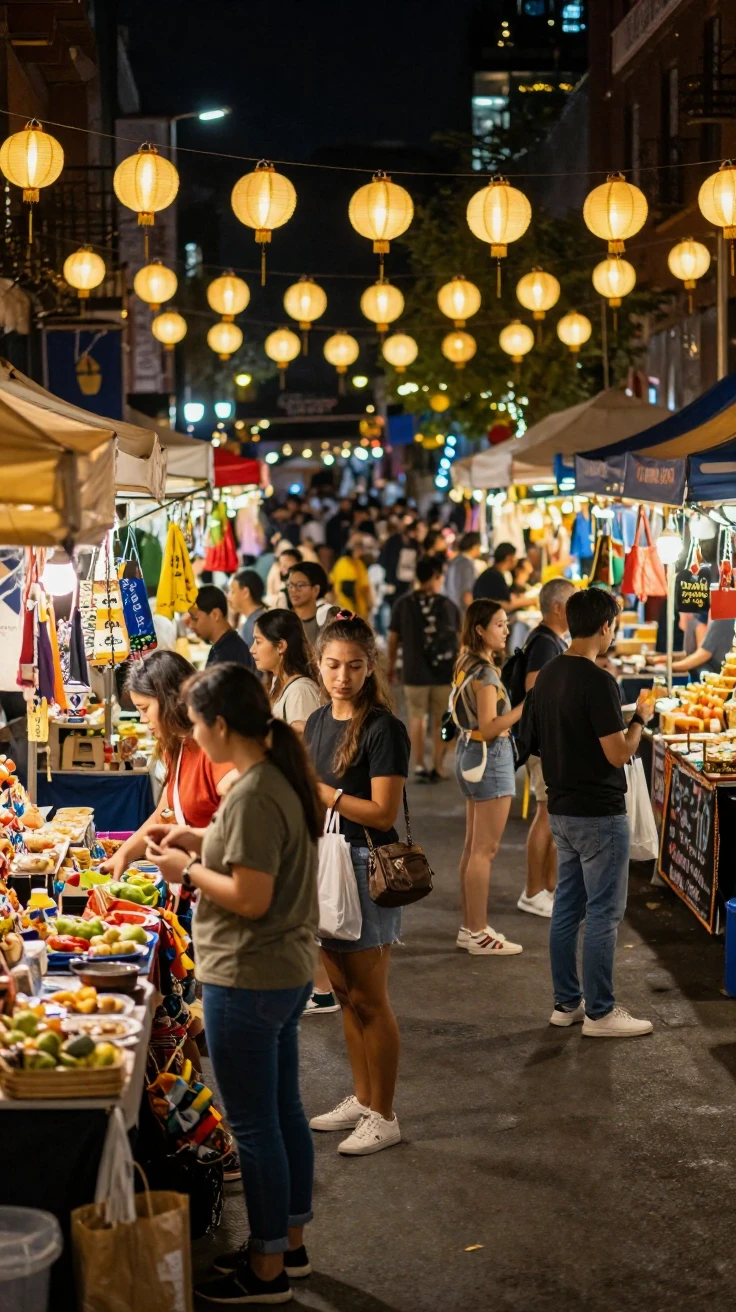 A crowded night bazaar glows with strings of paper lanterns overhead.