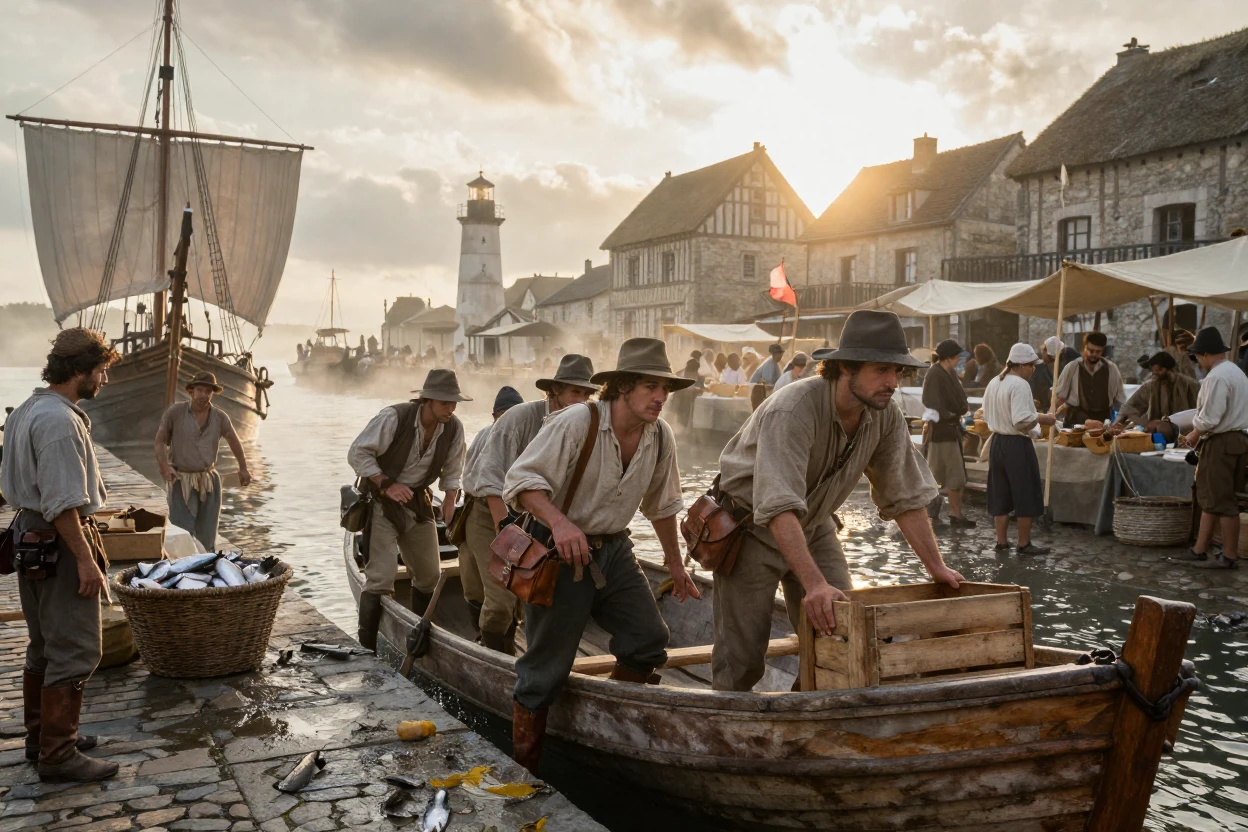 A team of pioneer settlers arriving at a bustling ancient harbor