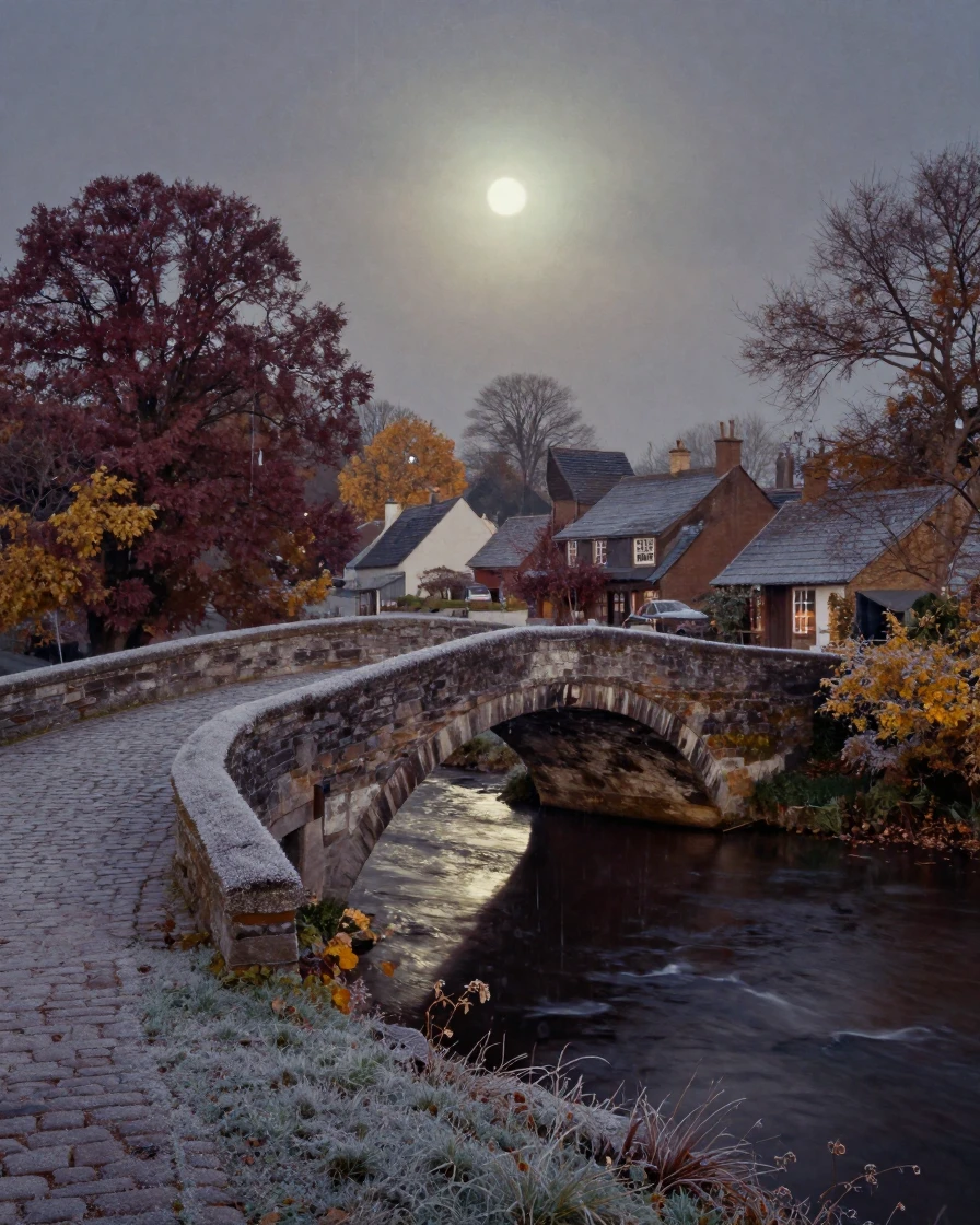 An old stone bridge leading into a sleepy riverside village, under moonlight, with frost coating every surface, as summer fades into fall, with rich burgundy and gold accents, through a rain-streaked window.