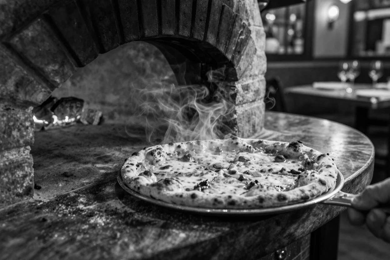 A wood-fired pizza emerges bubbling from a stone oven in an elegant fine dining restaurant.