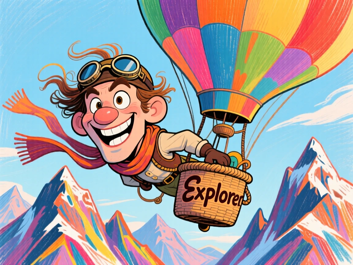 A daring balloon aeronaut charting unknown territory from high above a mountain range.