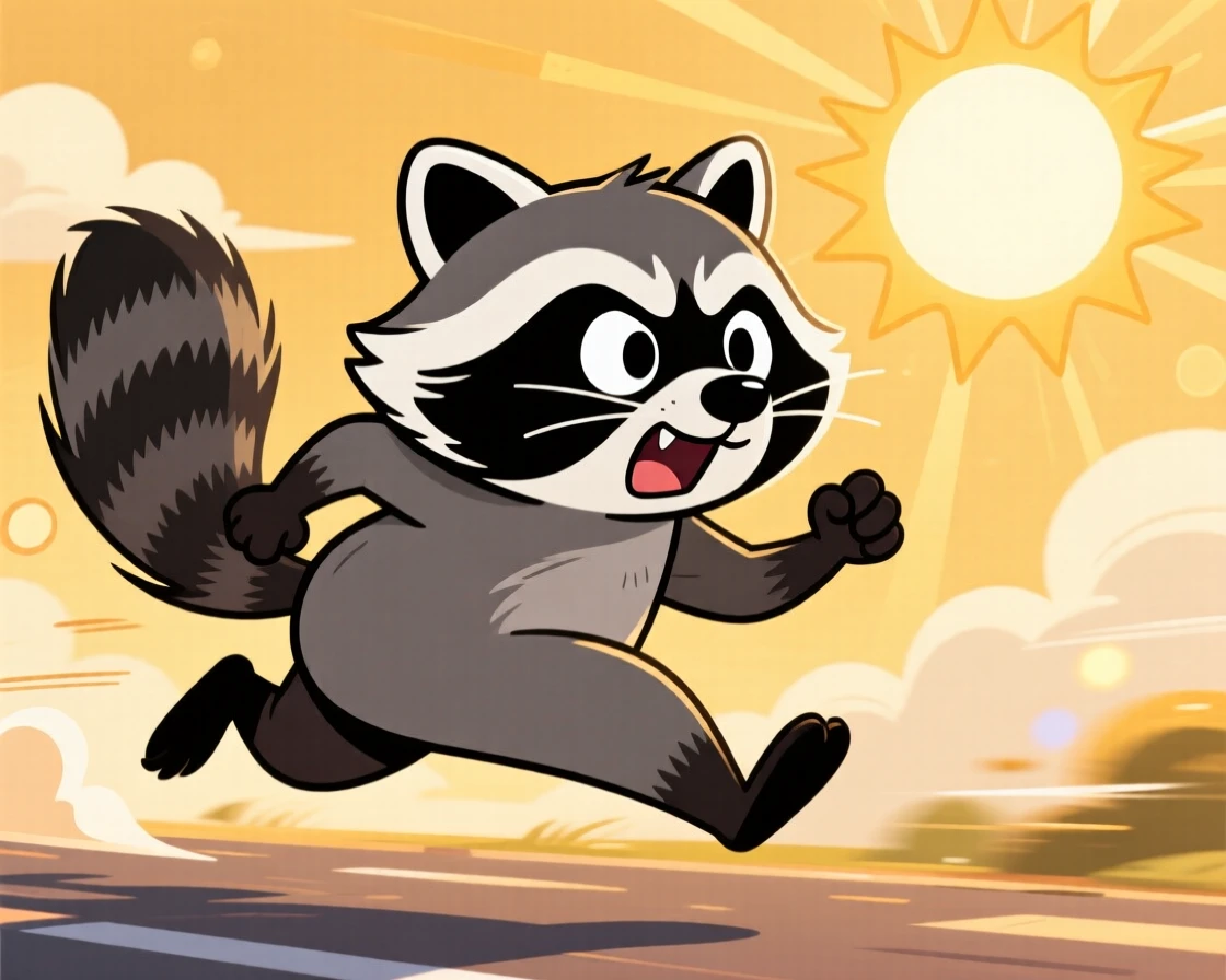 A charming animal moment featuring a curious raccoon racing forward with fierce determination, under a warm golden afternoon sun.