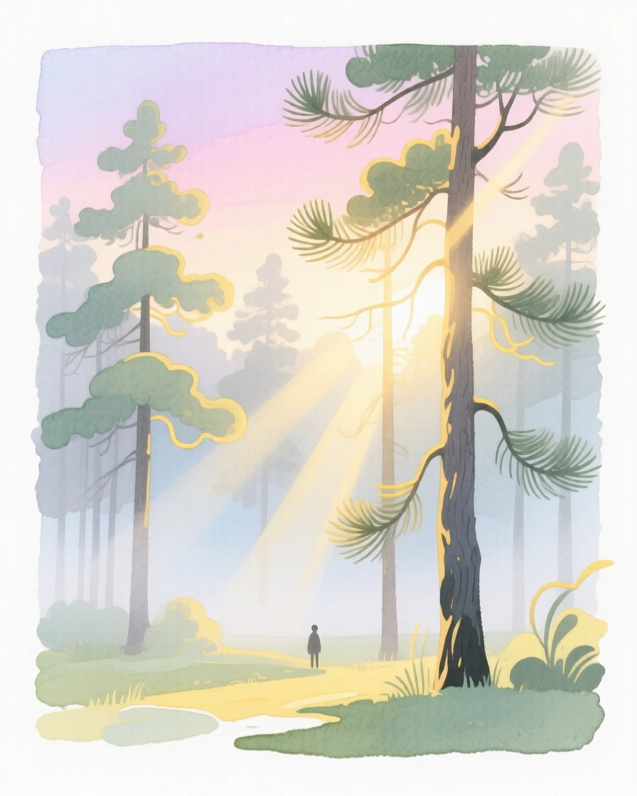 A serene landscape of a misty pine forest with sunlight streaming through the trees under a pastel dawn sky
