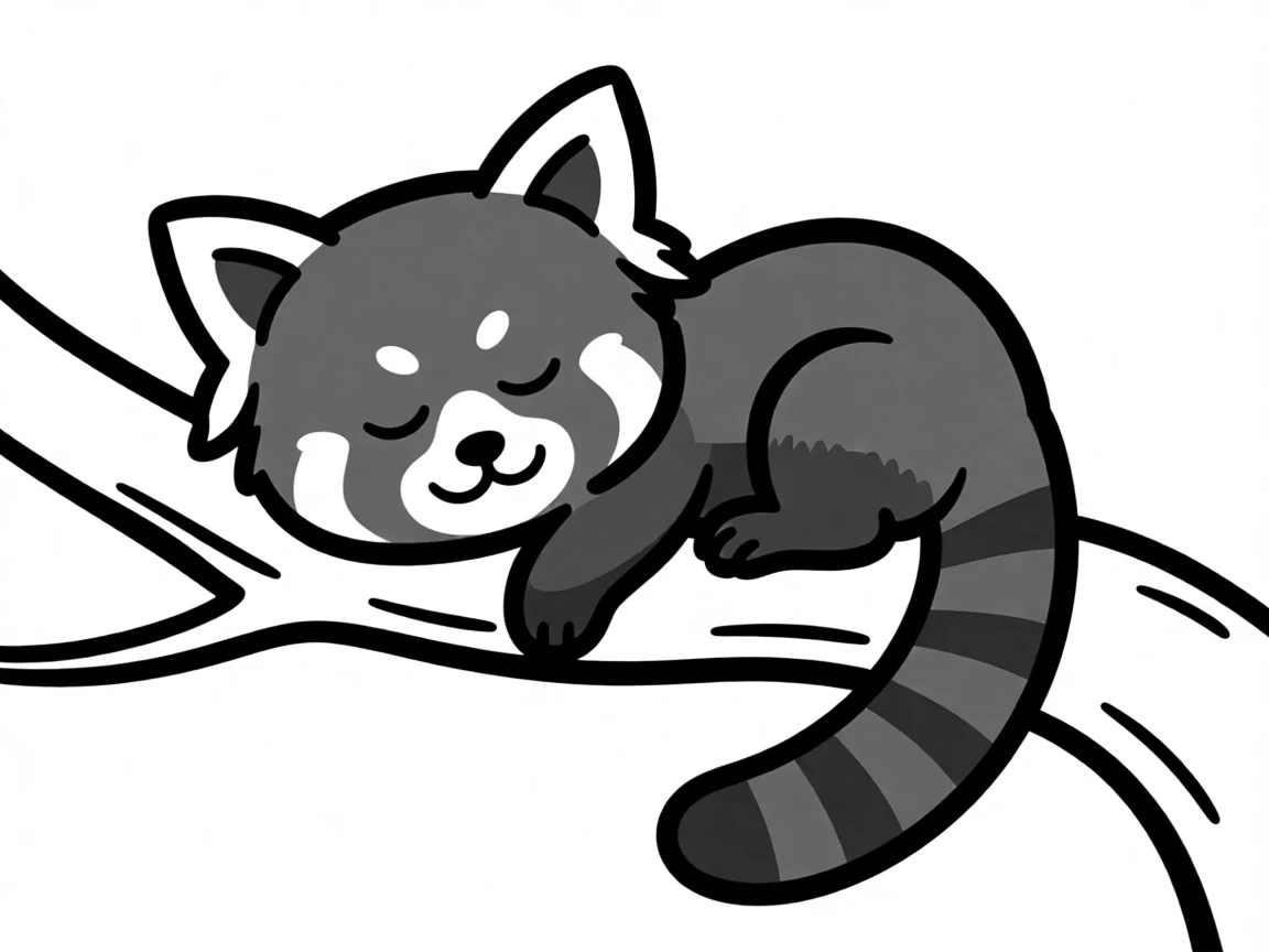 A red panda napping contentedly draped over a tree branch.