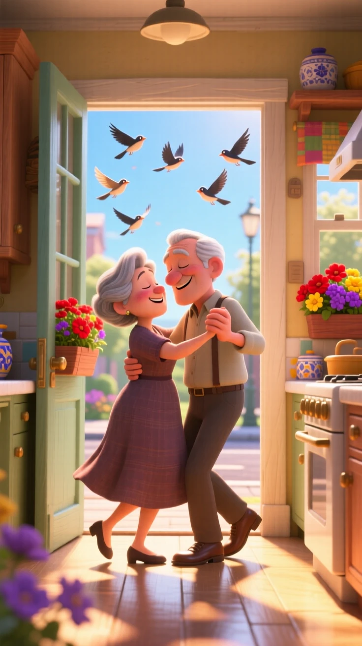 An elderly couple dancing slowly in their kitchen unfolds on a sunny sidewalk lined with flower boxes, with birds scattering into the sky nearby. A heartfelt sense of happiness fills the moment.