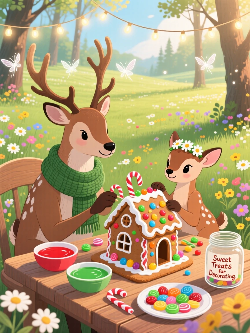 A reindeer and its fawn gather in a sunlit spring meadow, decorating gingerbread houses at the kitchen table, with twinkling lights strung overhead.