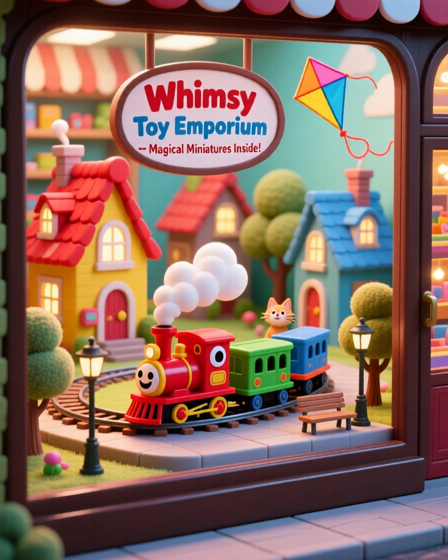 A toy shop window display with a miniature train circling a village.