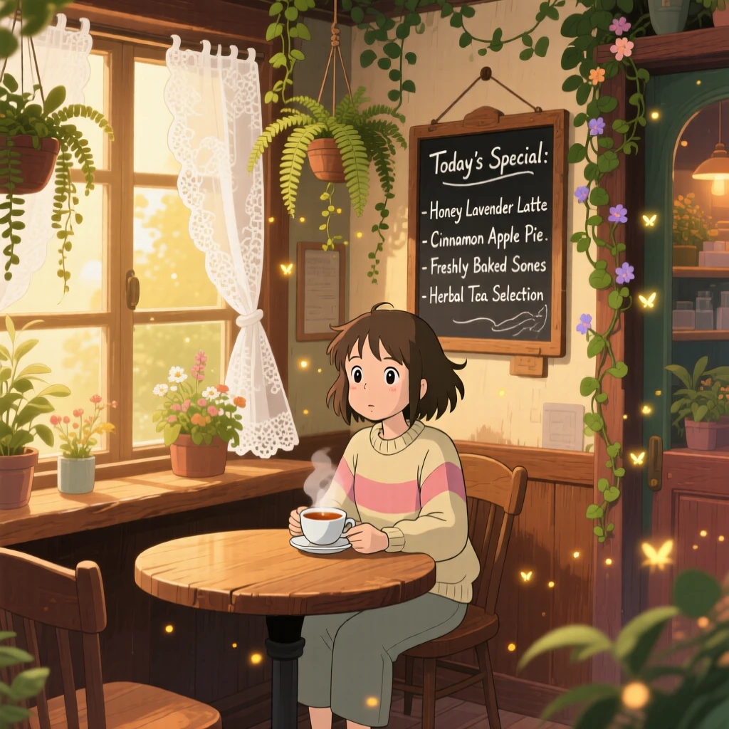 A warm, inviting scene of a cozy café corner with a chalkboard menu and hanging plants, with warm golden light filling the room.
