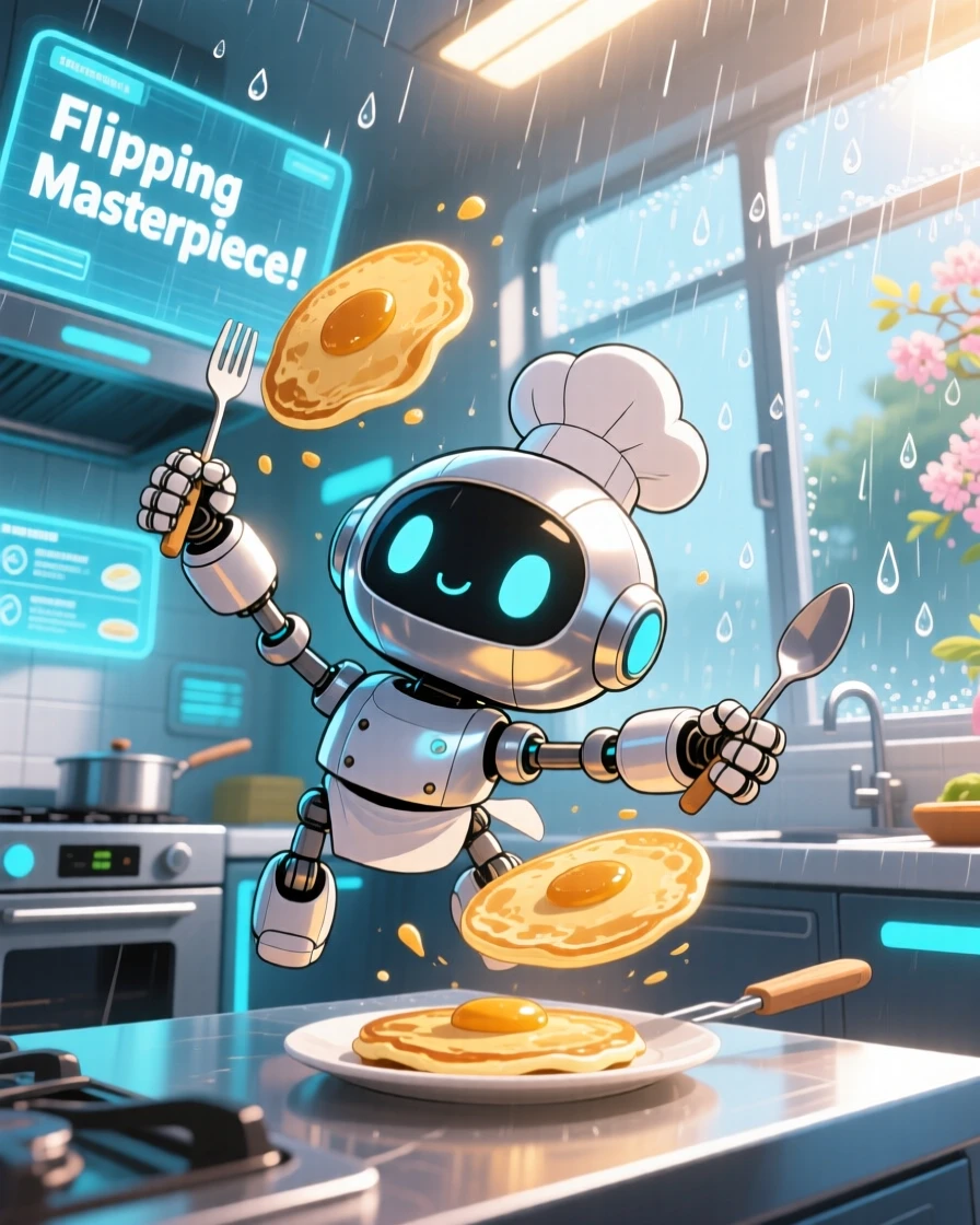A small robot chef flipping a pancake with mechanical arms, framed as a worm's-eye view within a sleek futuristic kitchen, during a gentle spring rain shower, glowing under bright midday sun, evoking triumphant pride.