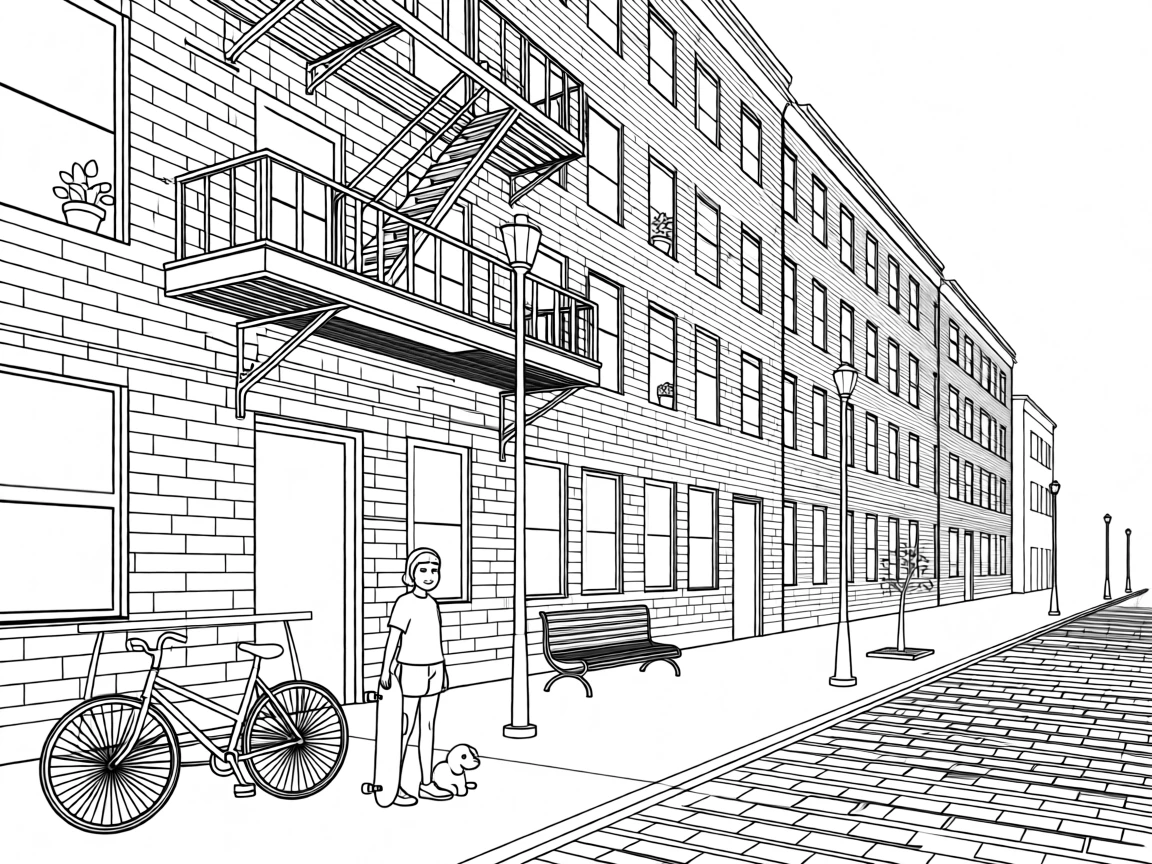 A fire escape staircase zigzagging up a brick apartment building, with cobblestone streets stretching into the distance.