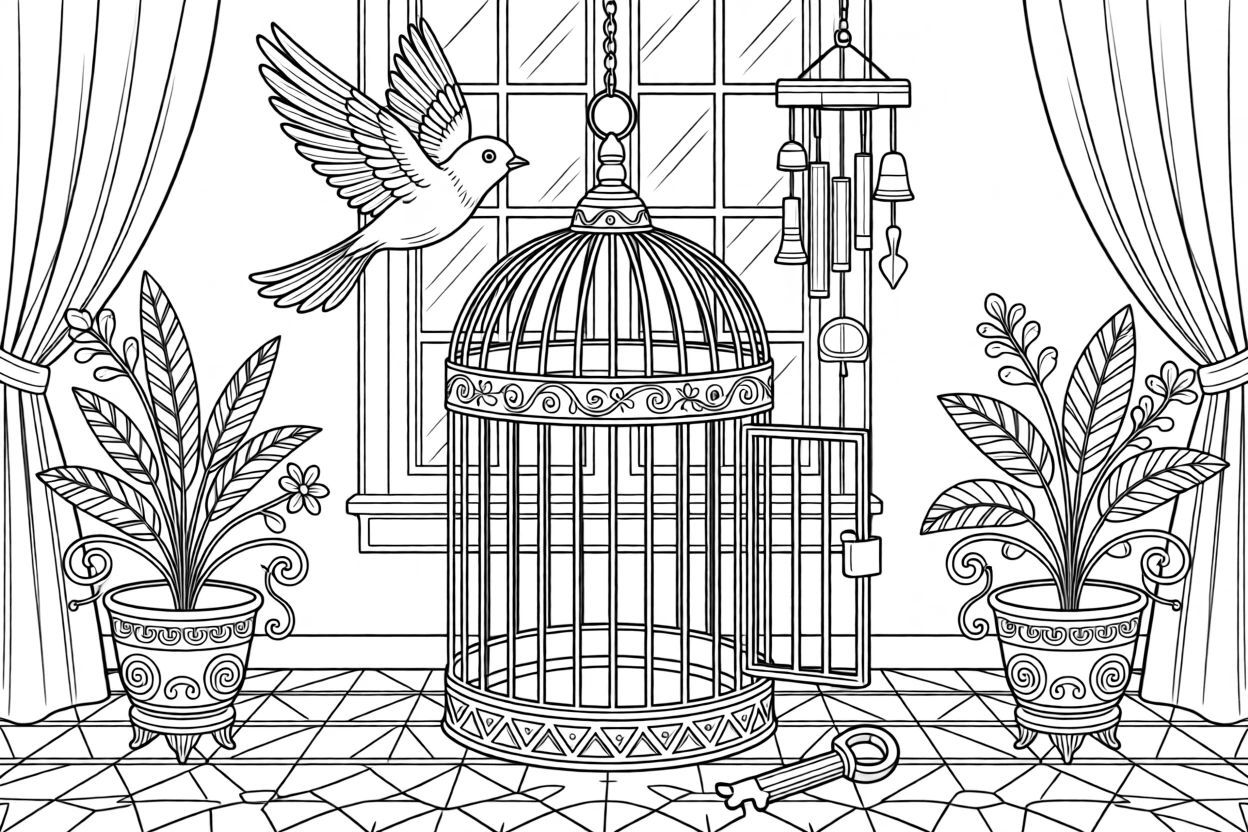 A birdcage door standing open with a bird flying free above it.