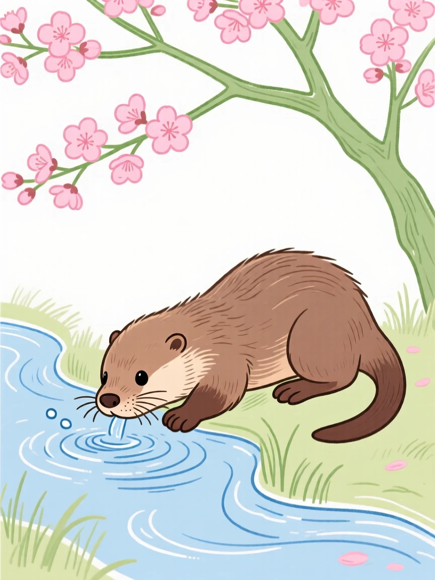 A baby otter drinking from a stream under a blossoming tree in early spring.