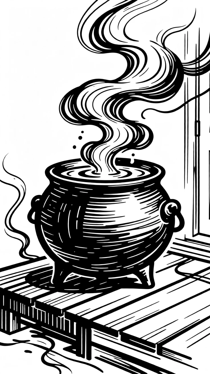 A Halloween scene with a witch's cauldron bubbling on a porch.