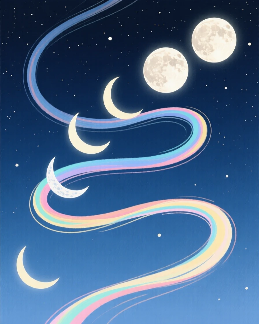 An illustration of the phases of the moon in a clear night sky.