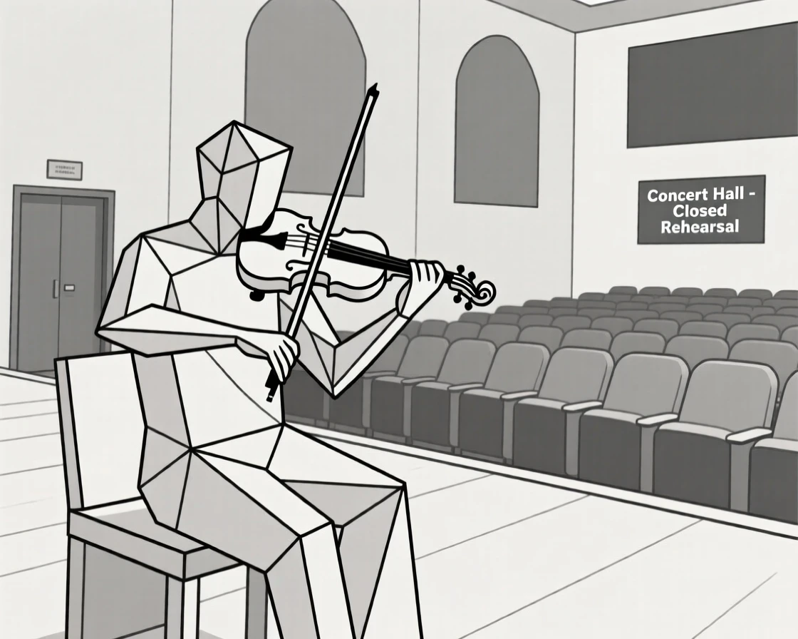 A violinist practicing alone in an empty concert hall