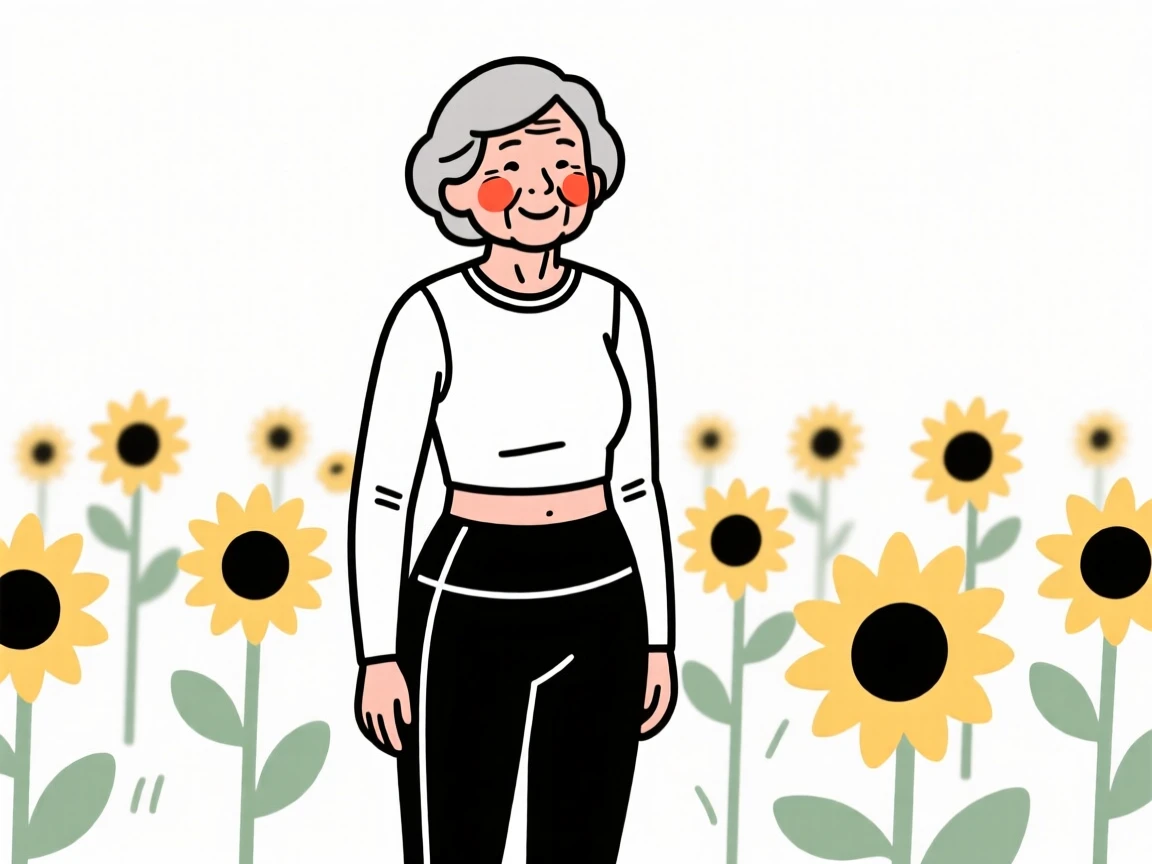 A grandmother of Italian heritage in athletic workout wear, radiating quiet confidence, in a sunflower field.