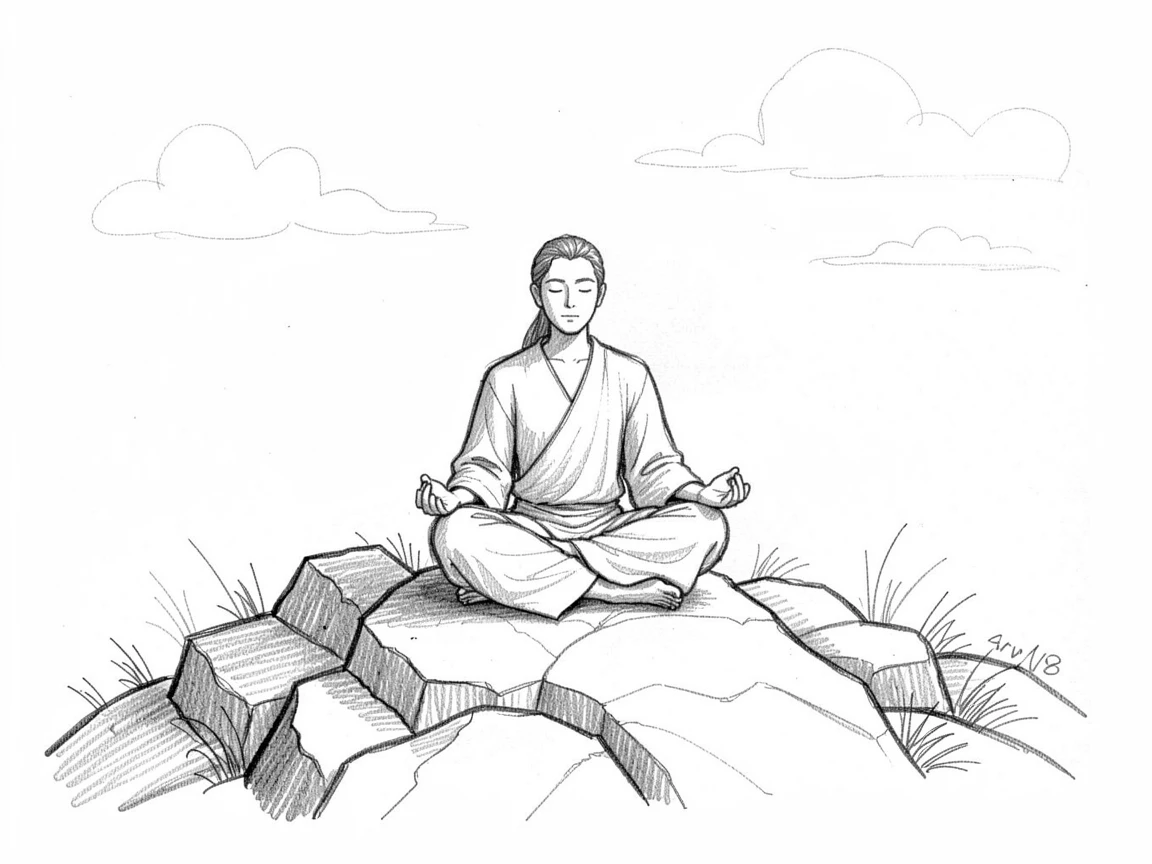 A lone figure meditating on a quiet mountaintop, in complete stillness and silence, evoking deep calm and clarity.