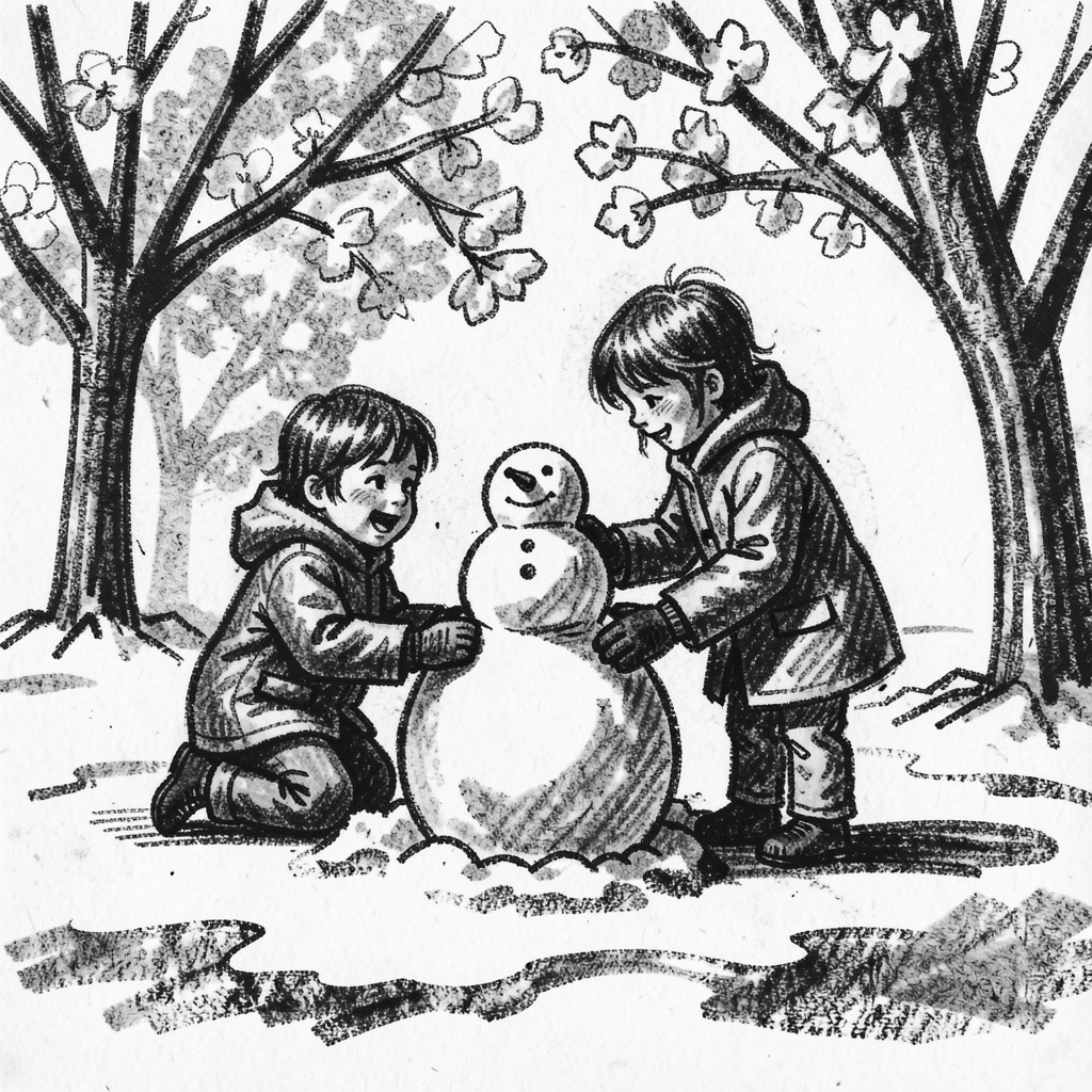 Children building a snowman in a fresh snowy yard, beneath blossoming trees in full bloom.