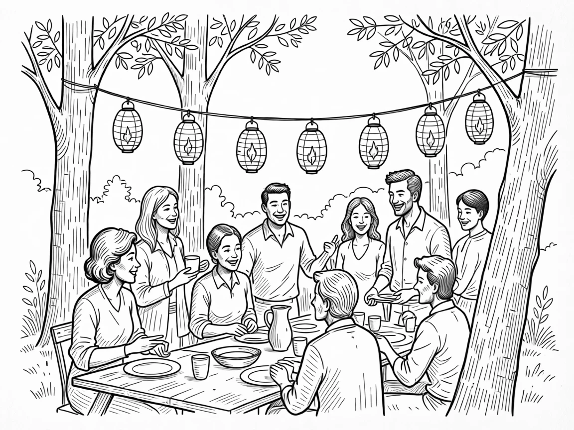 A festive backyard gathering with lanterns strung between the trees.