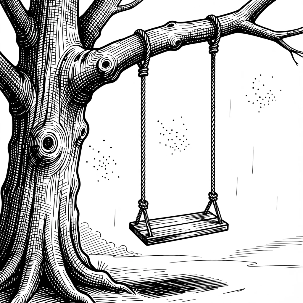 A wooden swing hanging from an old oak tree with the sound of rain tapping softly nearby, with dust motes drifting gently in the light, evoking a simply content sense of calm.