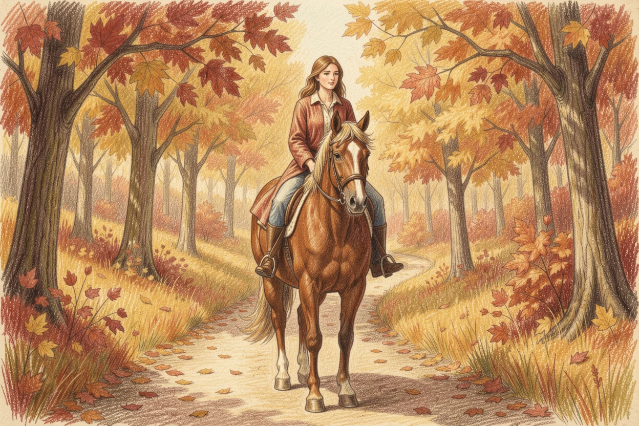 A countryside horseback ride along a golden autumn trail, framed thoughtfully to draw the eye toward the central subject, radiating comfort, joy, and quiet beauty.