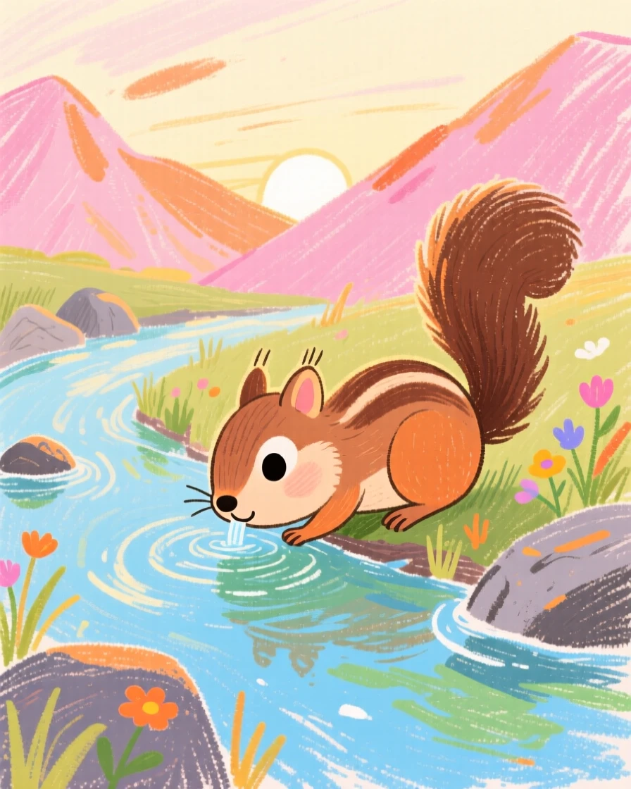 A chipmunk drinking from a clear mountain stream at dawn.