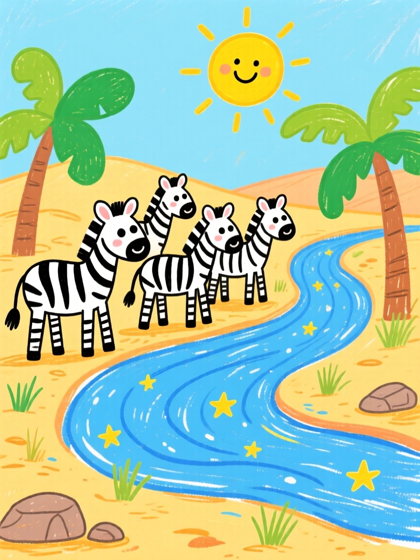 A herd of zebras near a winding desert oasis.