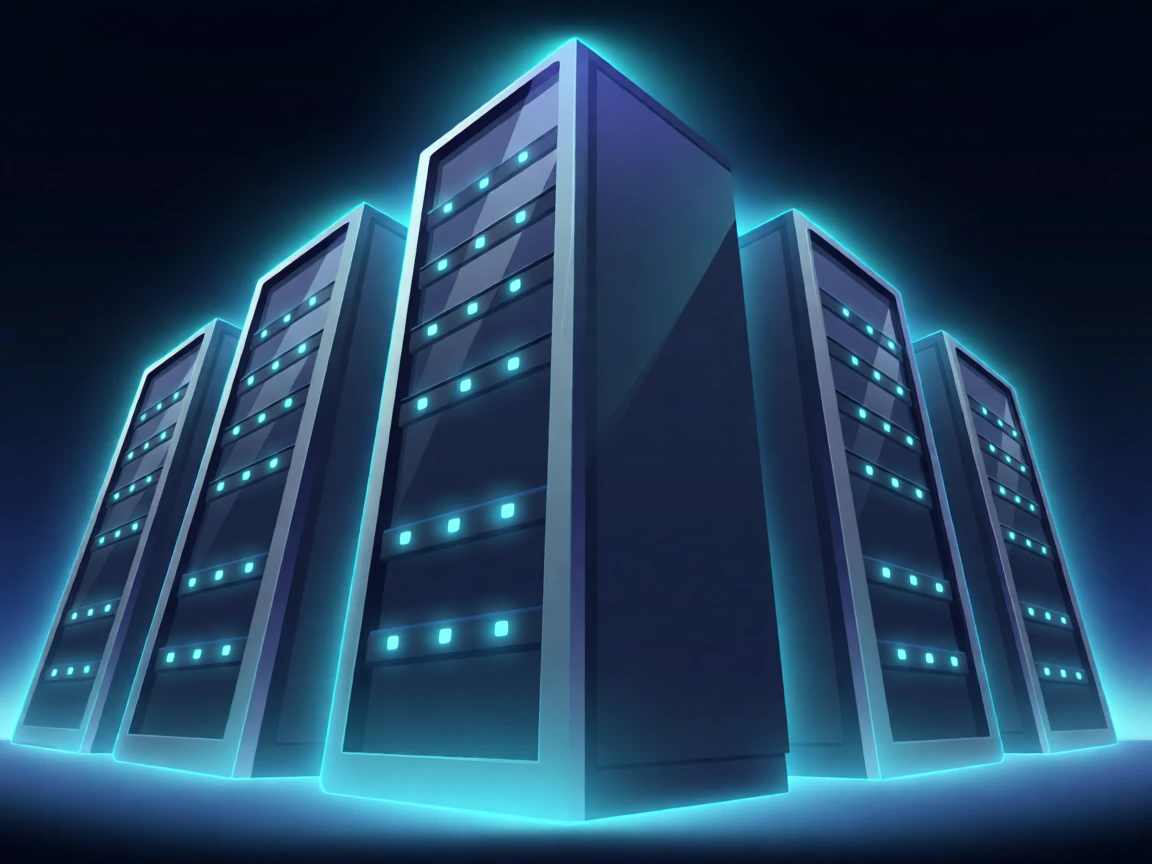 A row of server towers glowing with blue indicator lights, surrounded by soft glowing neon accents, framed from a striking low angle for a sense of scale, with a subtle sense of wonder about future possibilities.