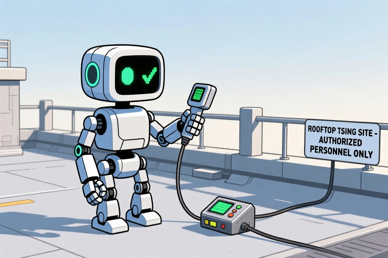A small robot running diagnostics in a rooftop testing site.
