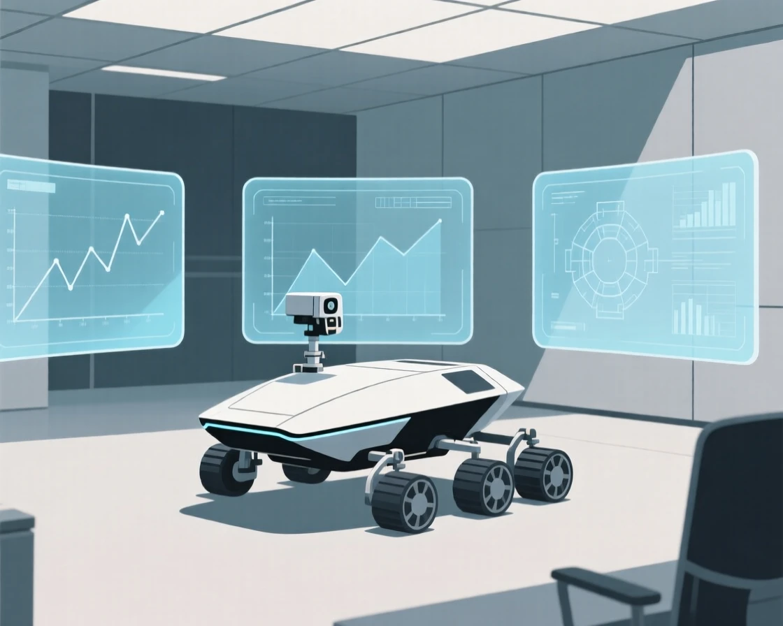 A sleek space rover exploring terrain placed in a minimalist tech office, surrounded by transparent display panels, conveying precise engineering.