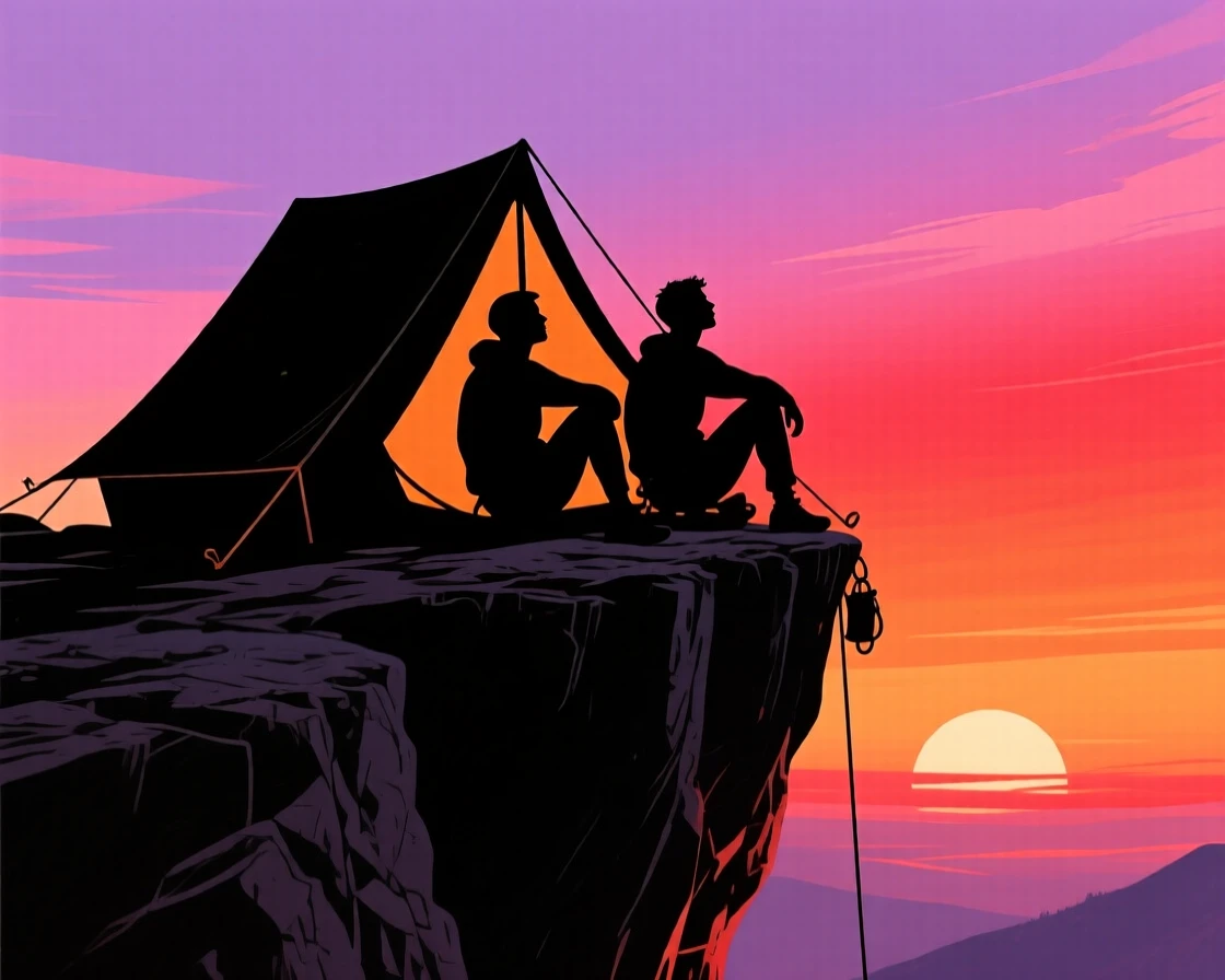 A pair of climbers watching the sunrise from a tent perched on a cliff ledge.