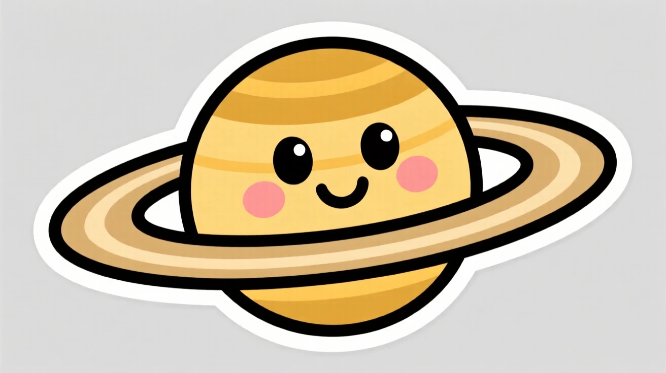 A gently expressive smiling cartoon planet Saturn with its rings, with cheerful expressive eyes, designed to make learning fun.