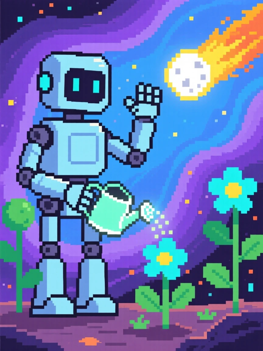 A robotic gardener tending space plants waving at a passing comet, within a nebula glowing in shades of purple and blue.