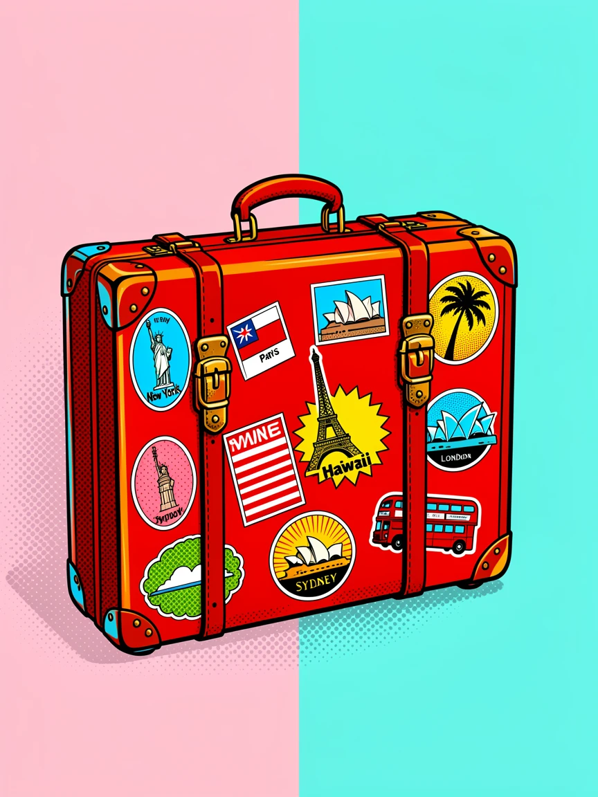 A vintage suitcase covered in travel stickers from around the globe