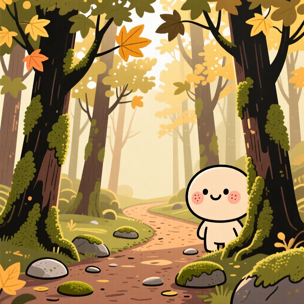 Sunlight filters through a dense woodland of moss-covered maples, casting dappled golden light across a winding dirt trail scattered with smooth mossy stones.