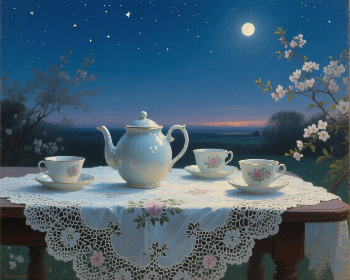 A balanced composition of a teapot and porcelain cups arranged on a lace tablecloth, under the night sky, in late spring.