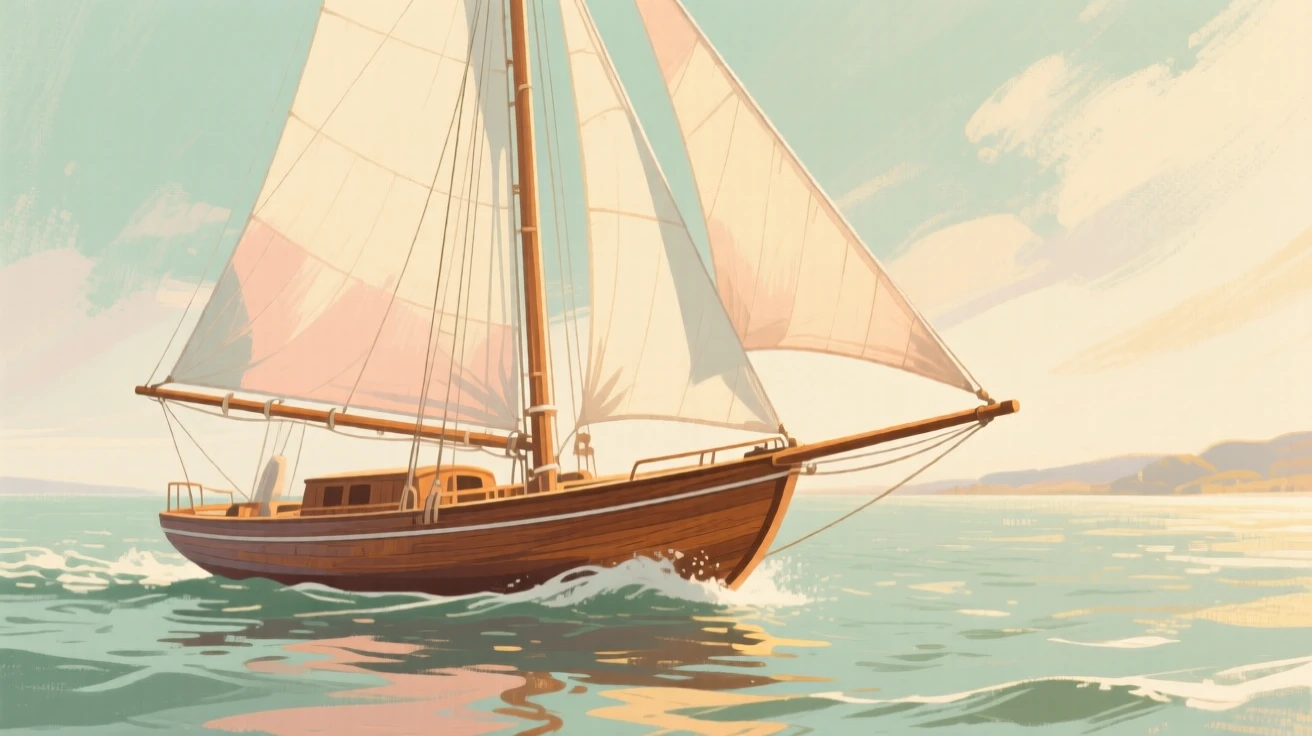 A classic wooden sailboat racing across a sunlit bay
