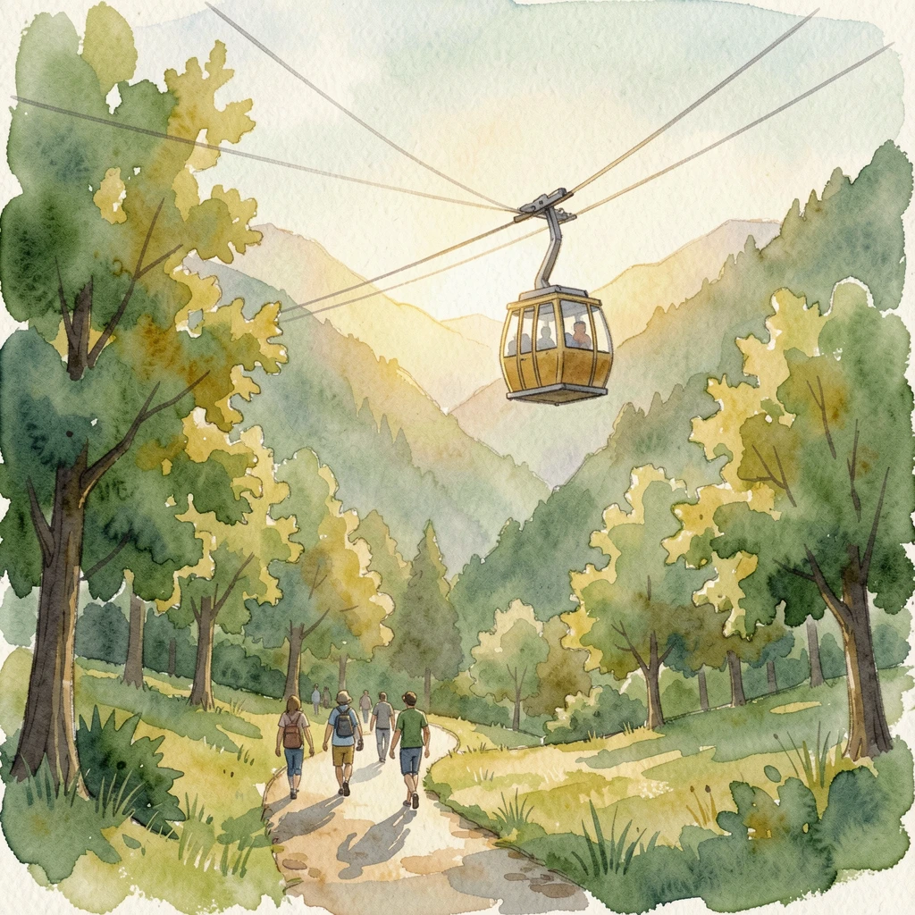 A cable car crossing above a green valley during golden hour with travelers strolling along the path.