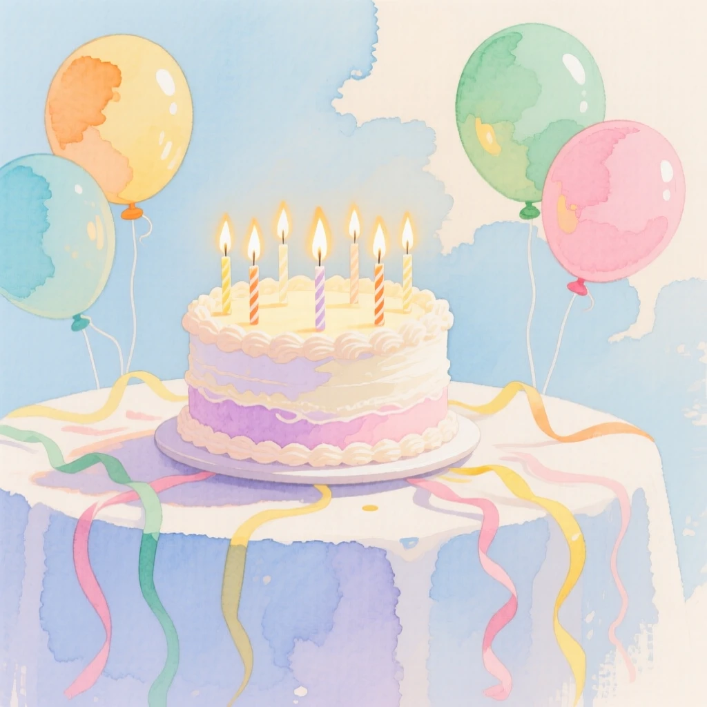 A birthday cake covered in candles sits at the center of a table decorated with balloons and streamers