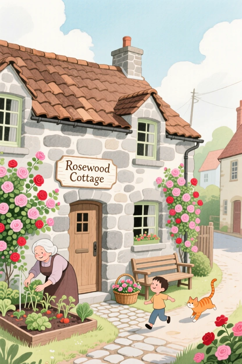 A stone cottage covered in climbing roses, bustling gently with everyday village life.