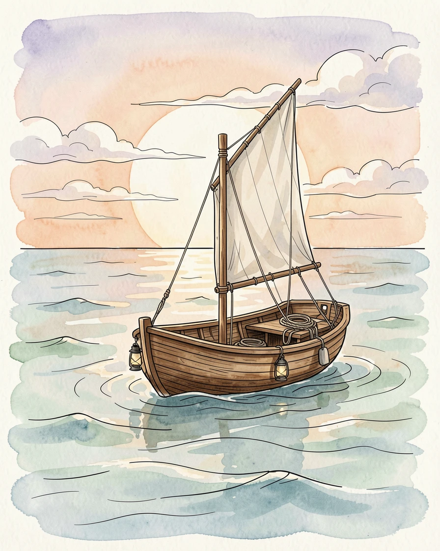 A small boat setting out alone across a vast calm ocean at dawn, the moment simple, sincere, and quietly powerful.