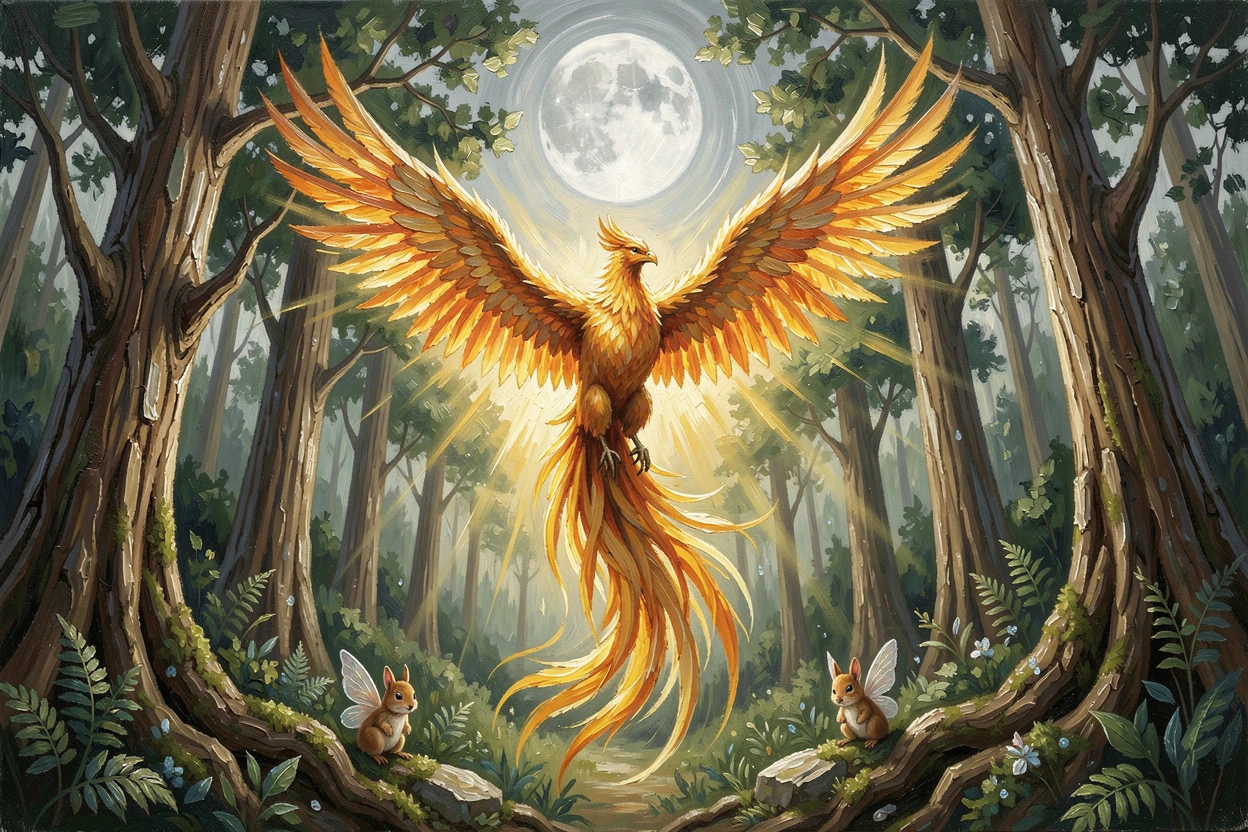 A phoenix rising in a burst of golden light, small woodland spirits peeking from the underbrush, within an ancient grove of impossibly tall trees, beneath a full, silver moon.