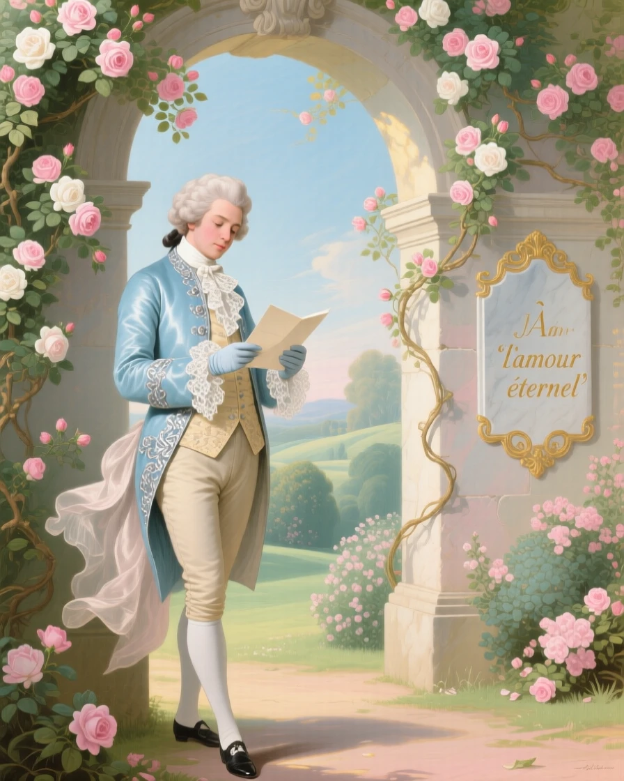 A gentleman reading a letter beneath a rose-covered arch  