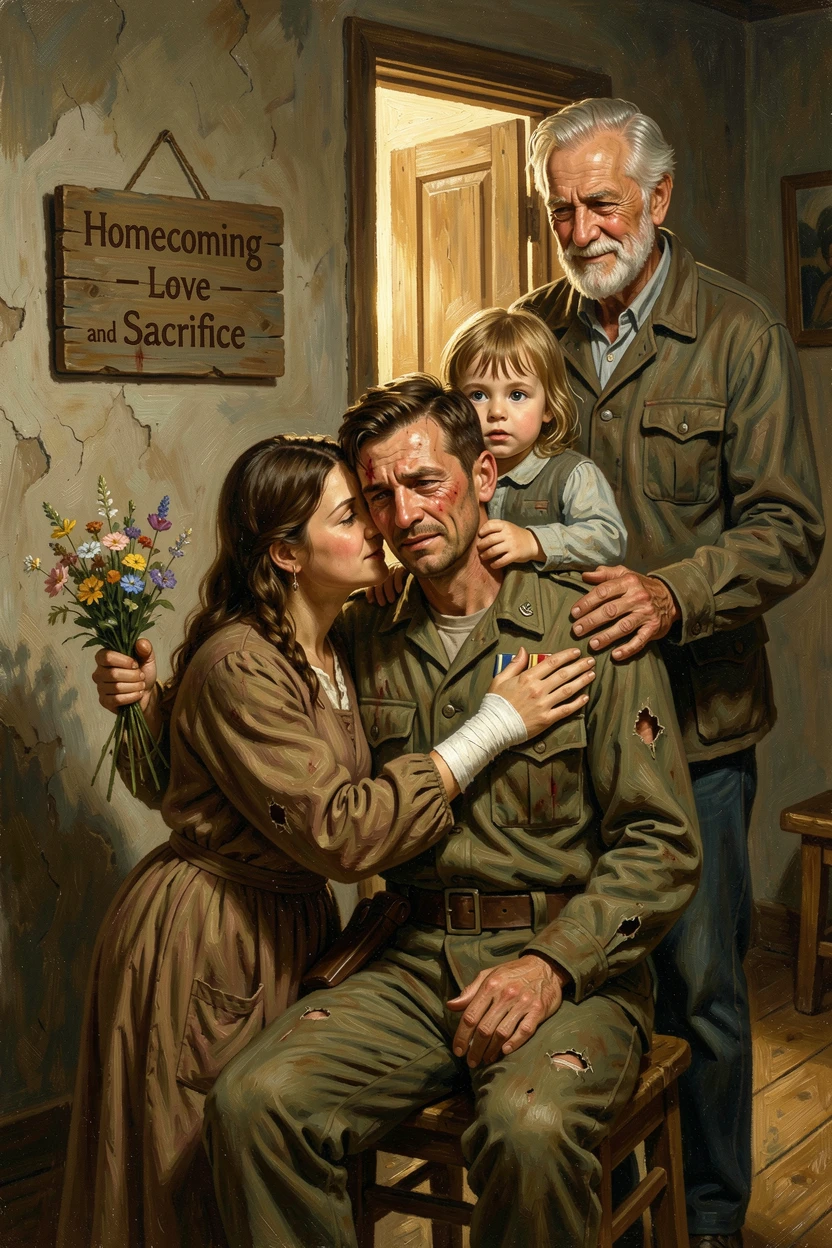A wounded soldier being embraced by his family upon returning home, as golden, hopeful light fills the entire scene, radiating hope, gratitude, and heartfelt connection
