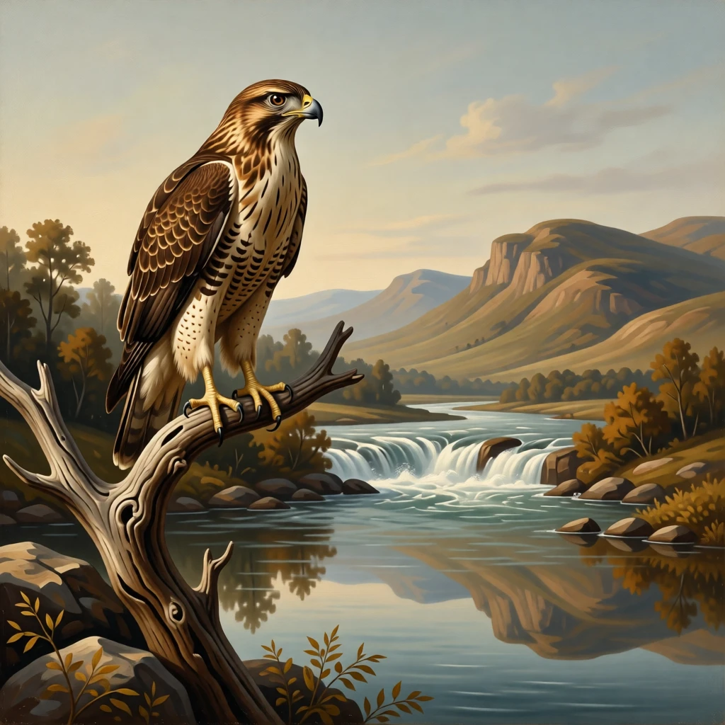 A hawk perched regally on a gnarled branch overlooking the valley as instinct and elegance move in perfect harmony, set beside a rushing river cutting through ancient hills, with reflections in still water doubling the beauty of the moment; the animal is placed off-center to leave room for the vast, breathing landscape, radiating peace, freedom, and untamed beauty.