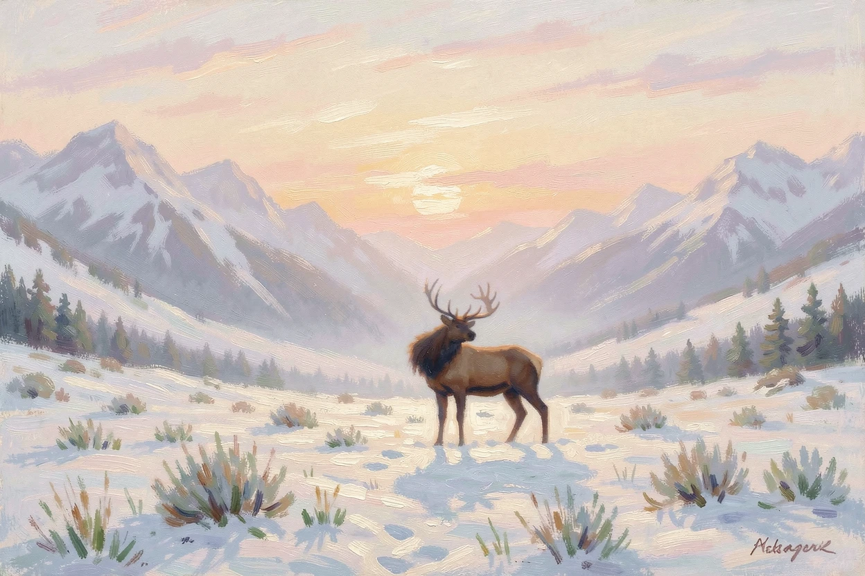 A snowy mountain meadow where a lone elk stands silhouetted against the dawn sky, in the gentle hush of early morning, inspiring awe at the beauty of the scene.