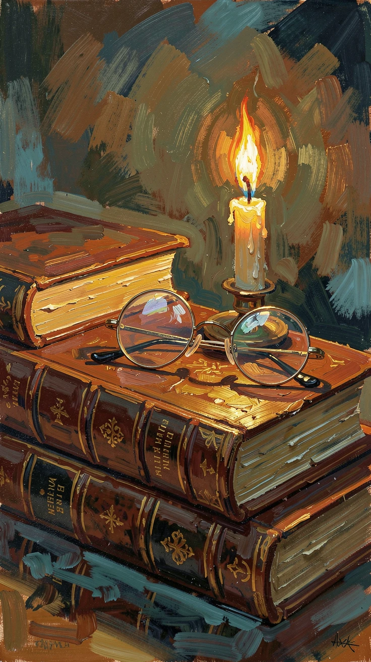 A collection of antique books stacked beside a lit candle and a pair of reading glasses.